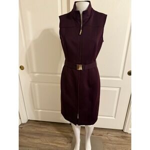 Tommy Hilfiger Womens Sleeveless Zip Front Belted Sheath Dress Plum Size 8